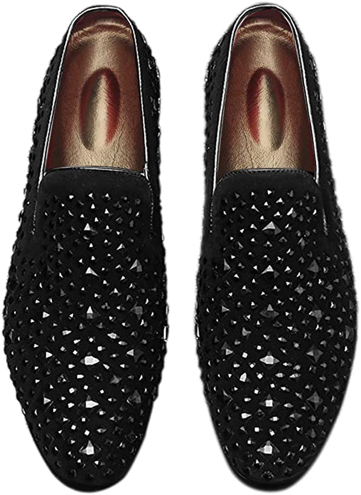 Santimon Men's Rhinestone Smoking Loafers Black