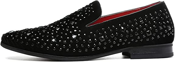 Santimon Men's Rhinestone Smoking Loafers Black