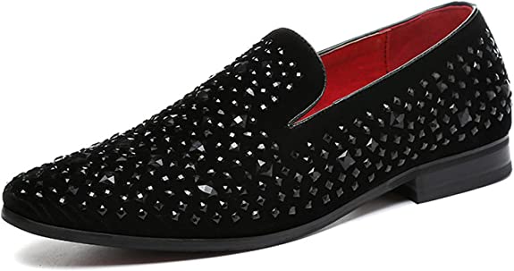 santimon Men's Rhinestone Smoking Loafers Black