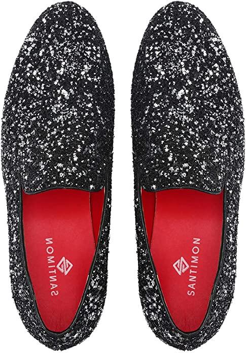 Santimon Men's Sequins Glitter Smoking Loafers