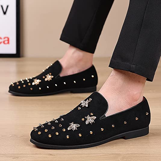 Santimon Men's Spiked Suede Smoking Loafers Rivet