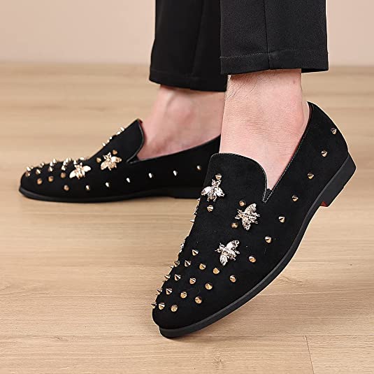 Santimon Men's Spiked Suede Smoking Loafers Rivet