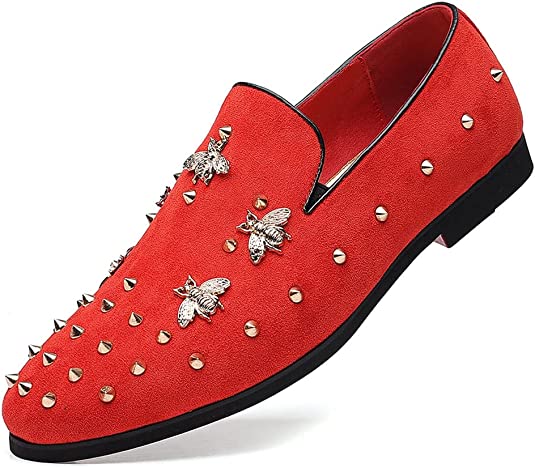 Santimon Men's Spiked Suede Smoking Loafers Rivet
