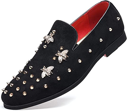 santimon Men's Spiked Suede Smoking Loafers Rivet