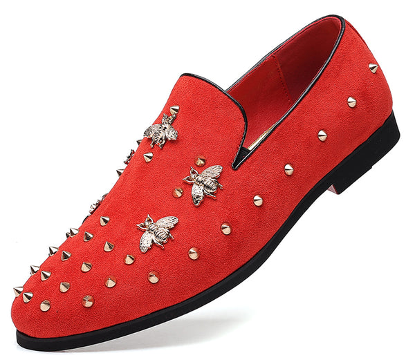 Santimon Men's Suede Rivet Bee Smoking Loafers
