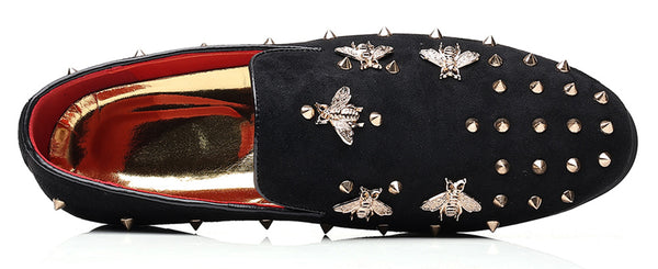 Santimon Men's Suede Rivet Bee Smoking Loafers