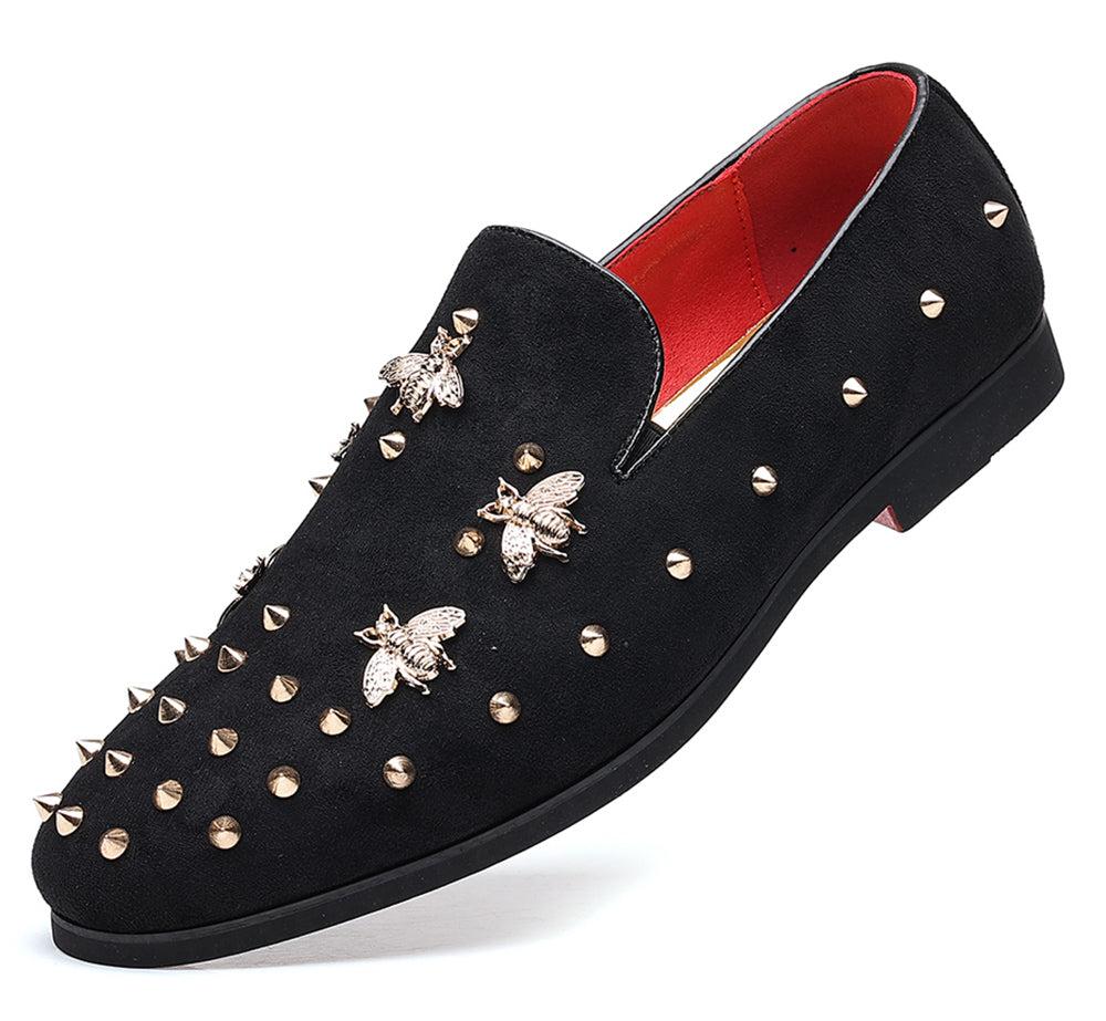 santimon Men's Suede Rivet Bee Smoking Loafers
