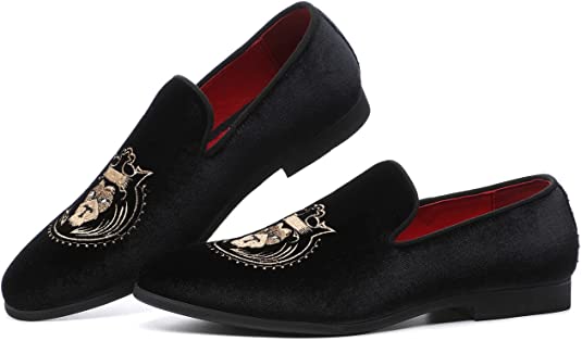 Santimon Men's Velvet Smoking Loafers Lion Head