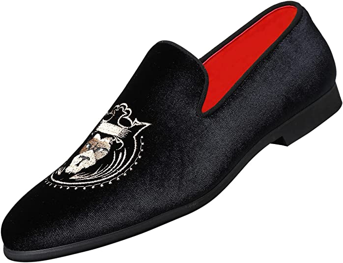 santimon Men's Velvet Smoking Loafers Lion Head