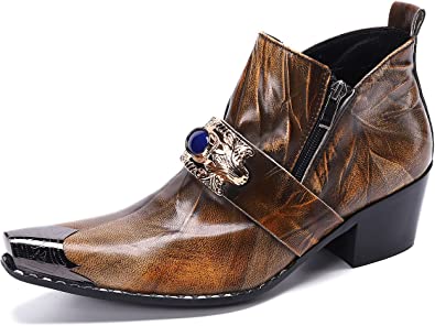 Santimon Men's Western Boot Metal Tip Zipper Brown