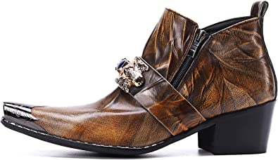 Santimon Men's Western Boot Metal Tip Zipper Brown