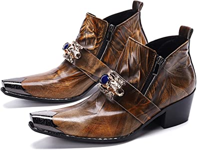 santimon Men's Western Boot Metal Tip Zipper Brown