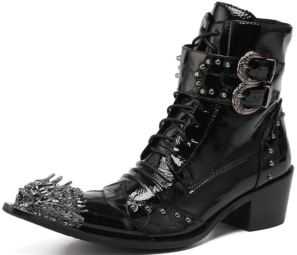 Santimon Men's Western Boots Buckle Lion High Top