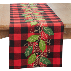 saro lifestyle 2044 Buffalo Plaid Holly Leaves Runner