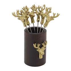 saro lifestyle SE779 Reindeer Picks With Wood Holder - Set Of 6
