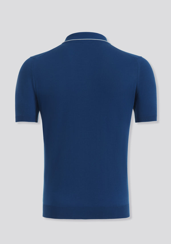 Sartorio Marine Blue Patterned Knit Short Sleeve Cotton Polo Shirt