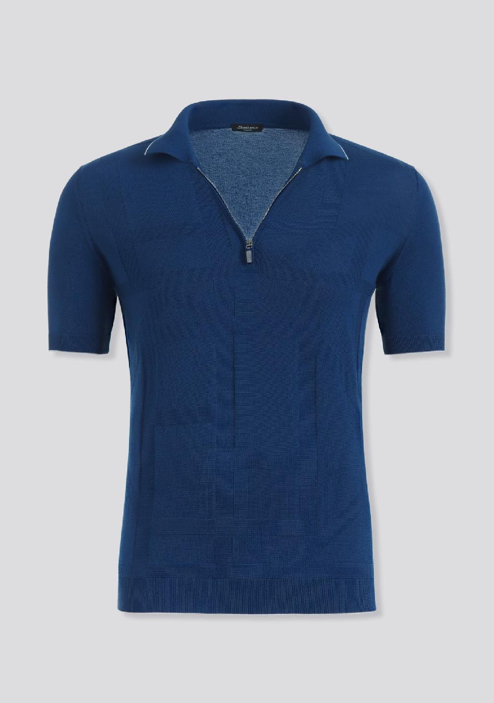 sartorio Marine Blue Patterned Knit Short Sleeve Cotton Polo Shirt