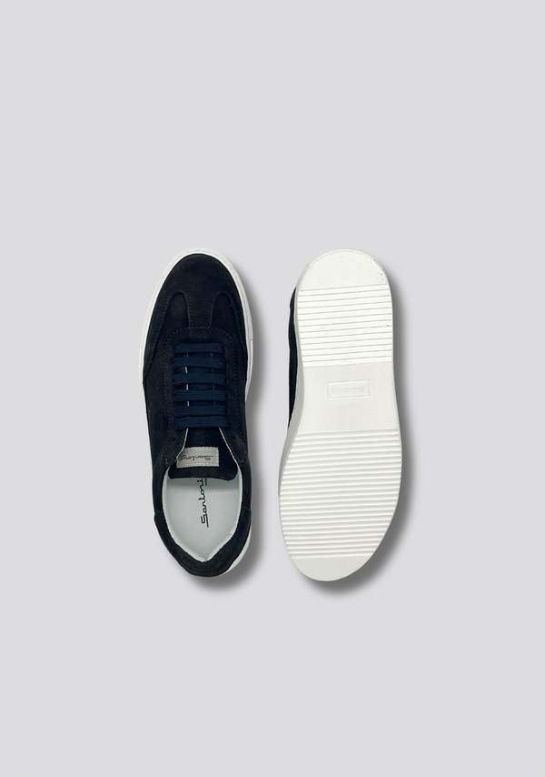 Sartorio Navy Blue Suede Leather Sneakers With Vintage Stripe Accent