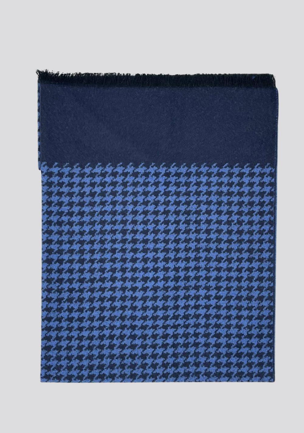 sartorio Royal Blue Pied-de-Poule Patterned Cashmere Scarf