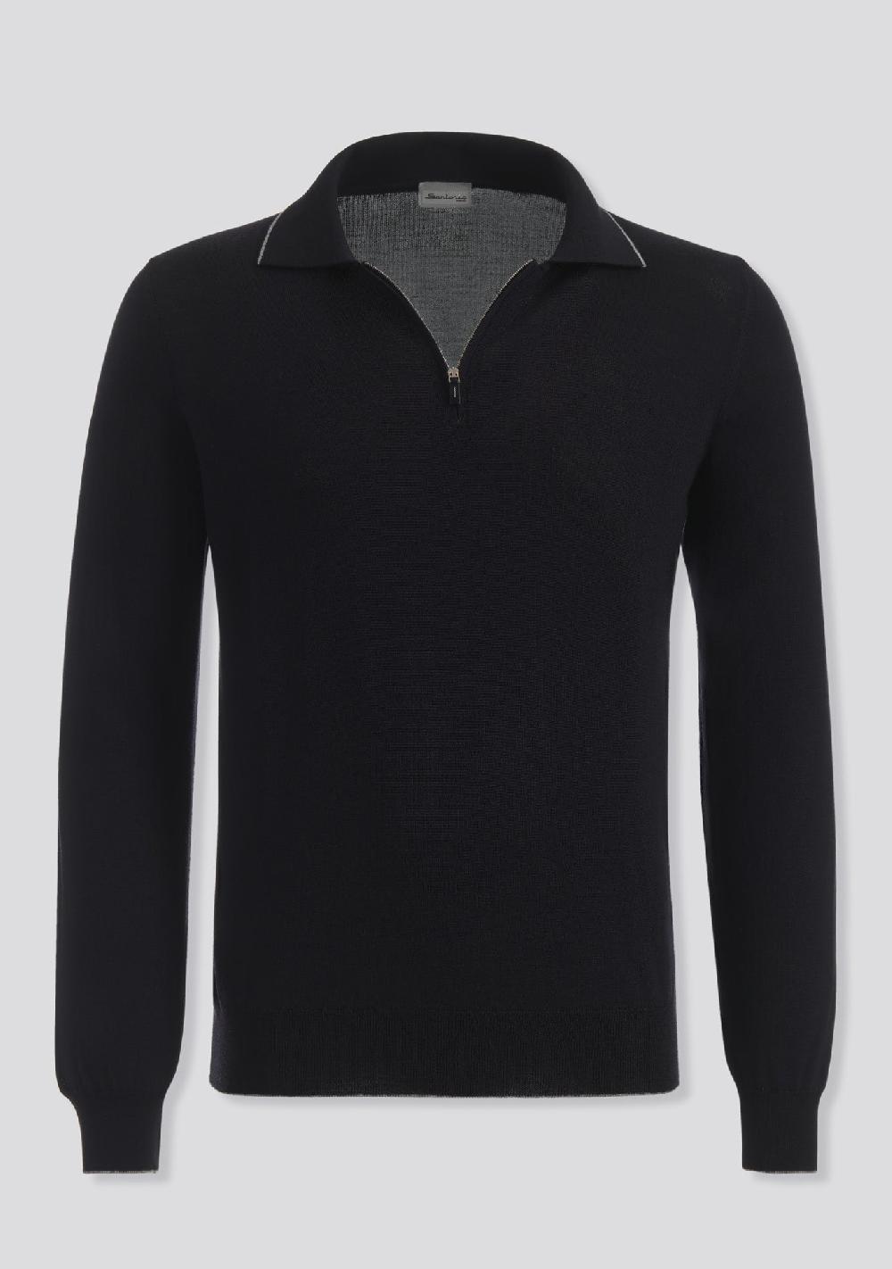 sartorio Jet Black Zip Wool Polo
