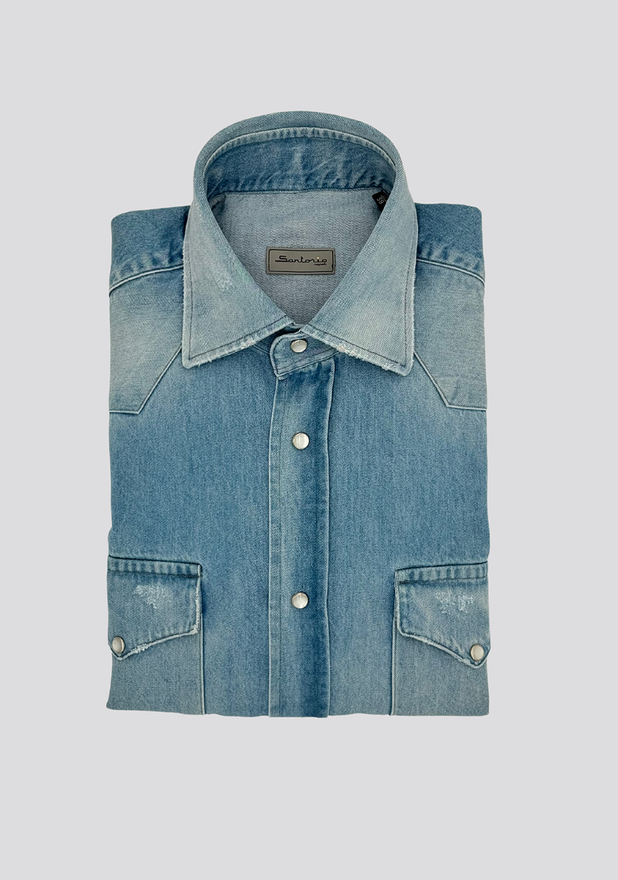 sartorio Light Blue Cotton Denim Texas Shirt