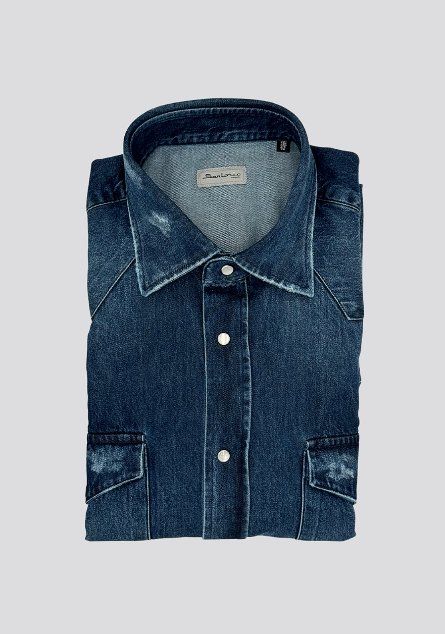 sartorio Navy Blue Cotton Denim Texas Shirt