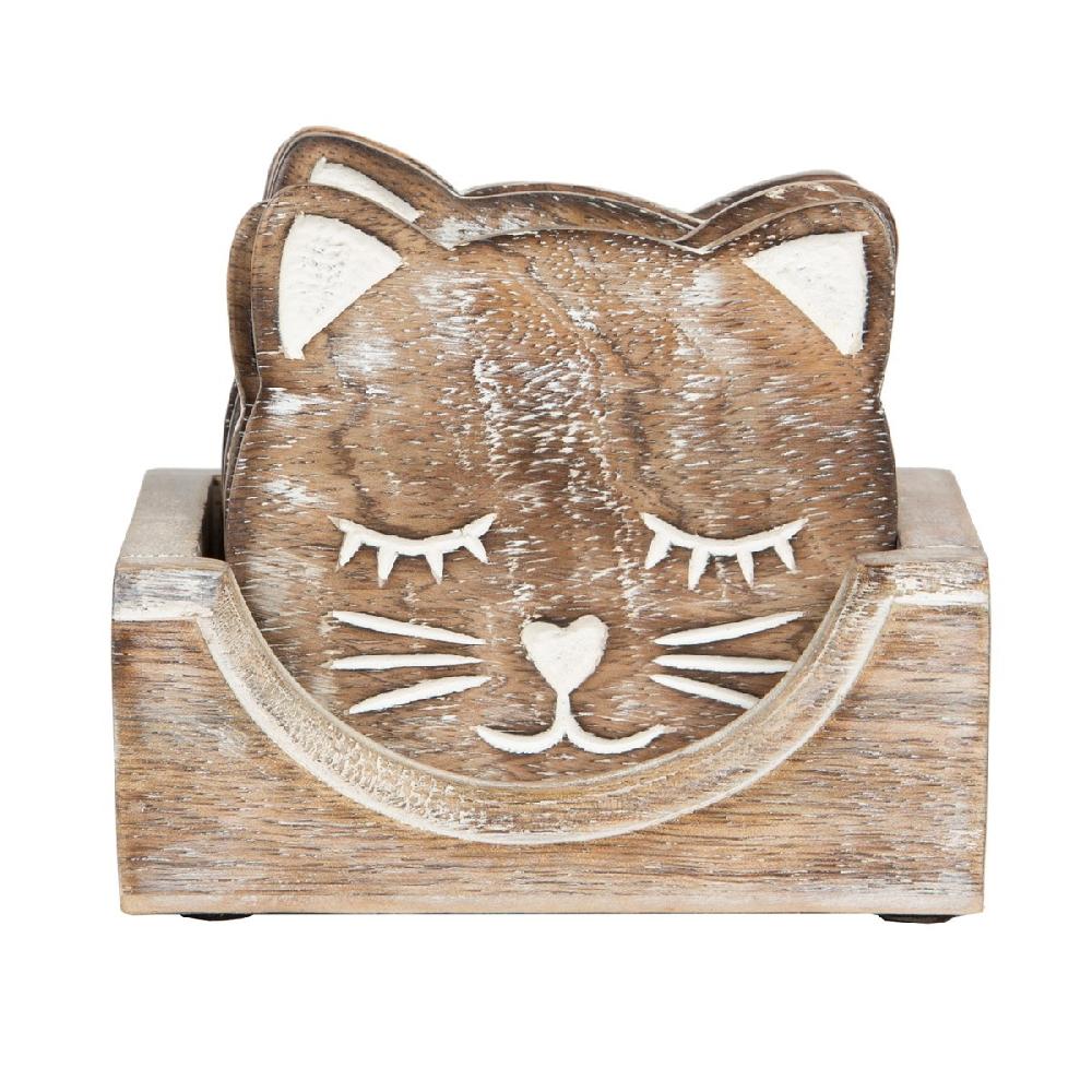 sass & bell Wooden Brown Carved Cat Coaster - Set of 6