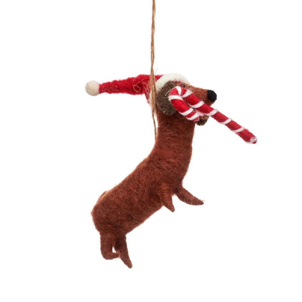 sass & bell Sausage Dog with Candy Cane Hanging Decoration
