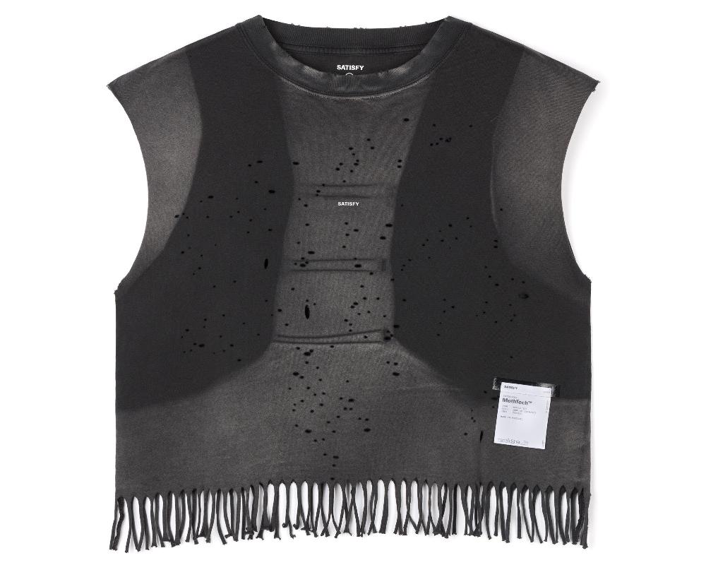 satisfy MothTech™ Cropped Fringed Muscle Tee Sun Bleached Black