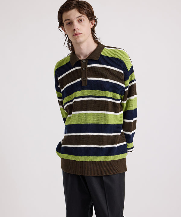 Saturdays New York City Beauchamp Multi Stripe Polo Sweater Olive Green