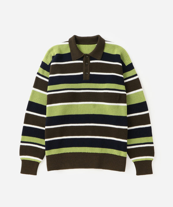 saturdays new york city Beauchamp Multi Stripe Polo Sweater Olive Green