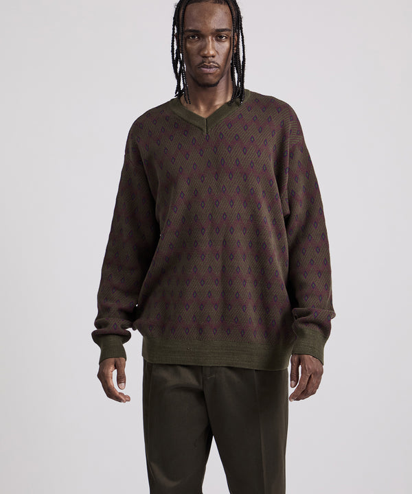 Saturdays New York City Charles Jacquard V-Neck Sweater Olive Green