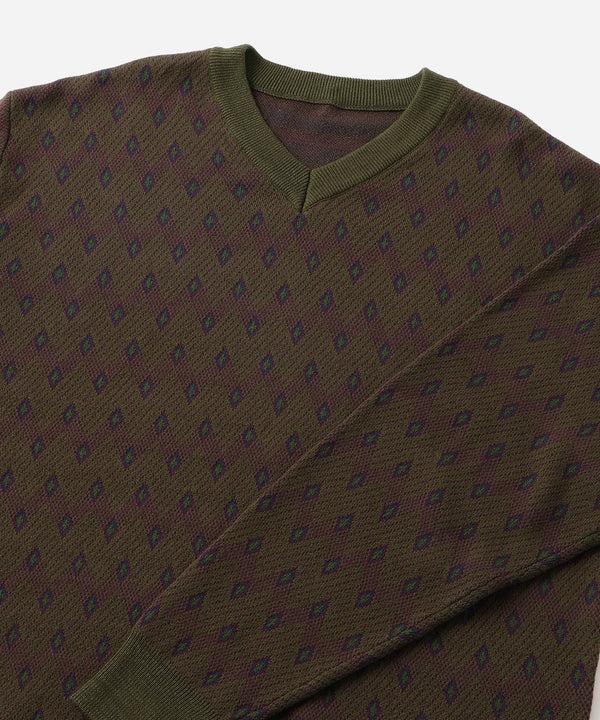 Saturdays New York City Charles Jacquard V-Neck Sweater Olive Green