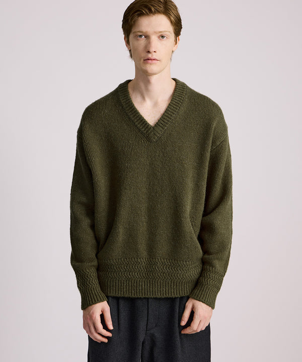 Saturdays New York City Nicholas Low Gage V Neck Sweater Olive Green