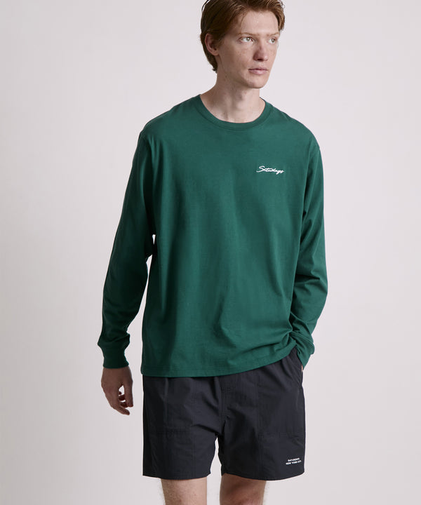 Saturdays New York City Script Embroidered Long Sleeve Tee Green