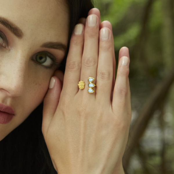 Satya Jewelry Blessed Insight Labradorite Hamsa Adjustable Ring