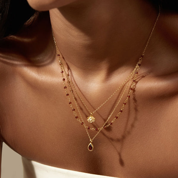 Satya Jewelry Embrace Change Garnet Lotus Triple Necklace