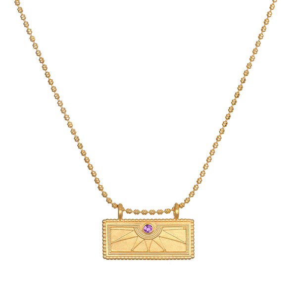 satya jewelry February Amethyst Sunburst Birthstone Tablet Necklace