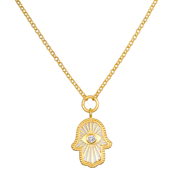 satya jewelry Gaining Clarity White Topaz and Mother of Pearl Hamsa Reversible Necklace