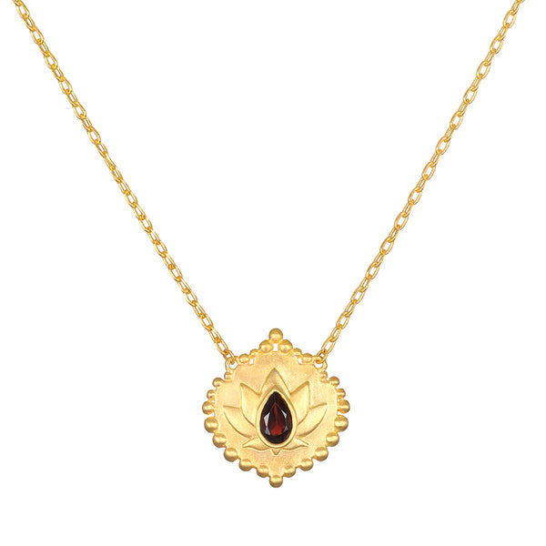 satya jewelry Grounded in Strength Garnet Lotus Necklace