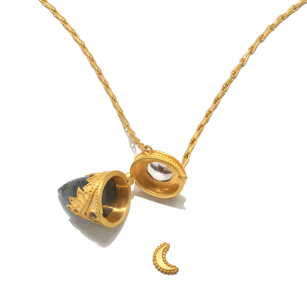 Satya Jewelry Guiding Spirit Labradorite And White Topaz Lotus Locket Necklace