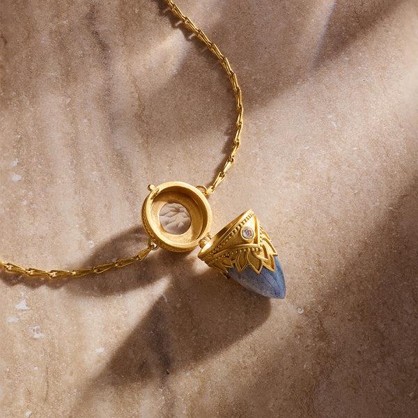 Satya Jewelry Guiding Spirit Labradorite And White Topaz Lotus Locket Necklace