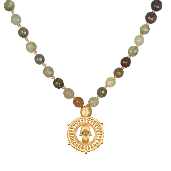 satya jewelry Inhabit Your Power Smokey Quartz Green Garnet Mala