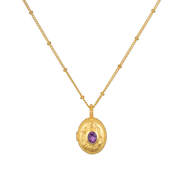 satya jewelry Lotus Amethyst Birthstone Locket Necklace - February