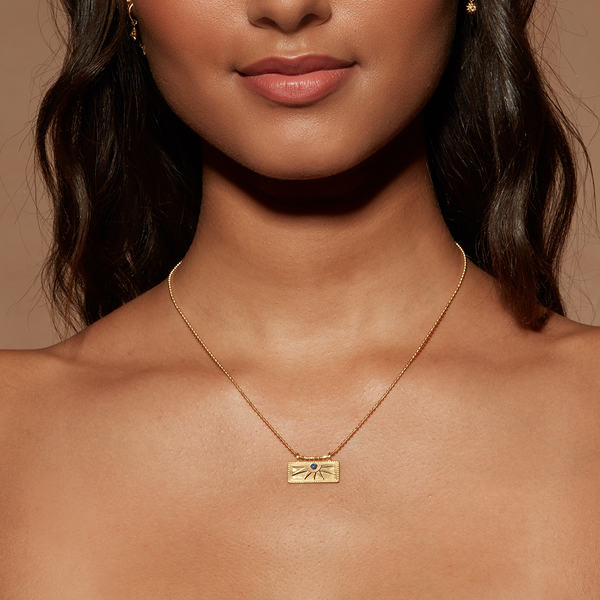 Satya Jewelry September Sapphire Sunburst Birthstone Tablet Necklace