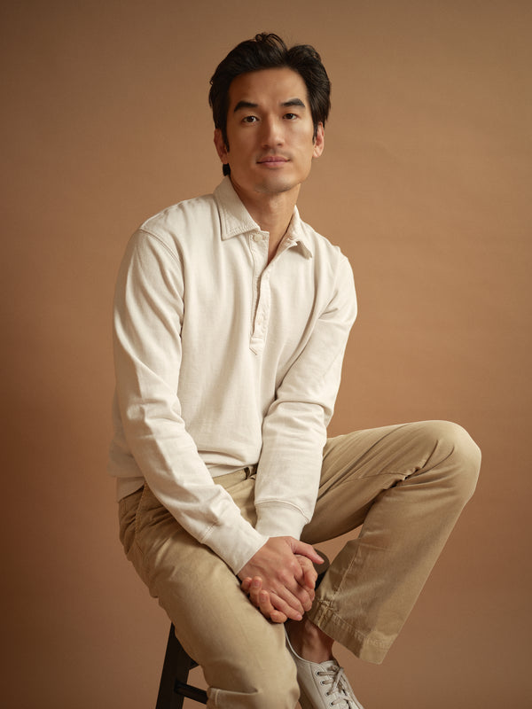 save khaki united Long Sleeve Supima Fleece Polo Basil