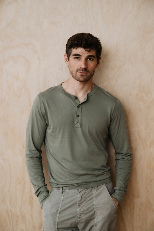 save khaki united Long Sleeve Supima Jersey Henley Smoke