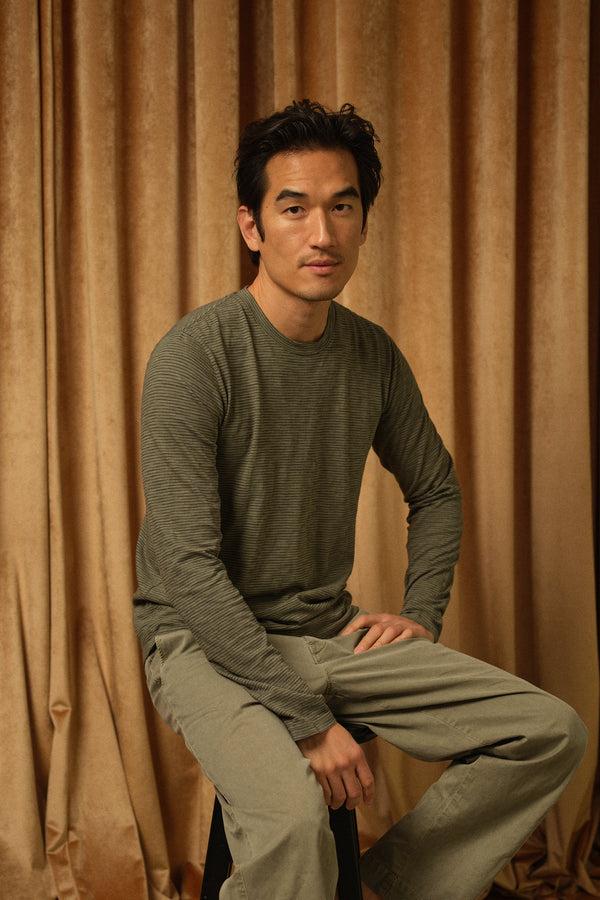Save Khaki United Long Sleeve Thin Stripe Crew Tee Rye Grass