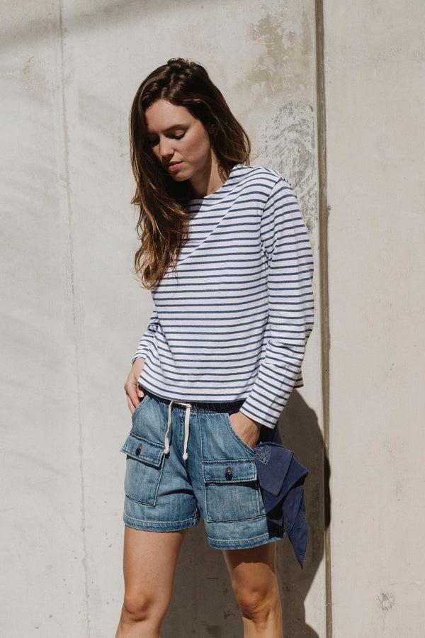 Save Khaki United LS Boxy Boat Neck Stripe Tee Blue