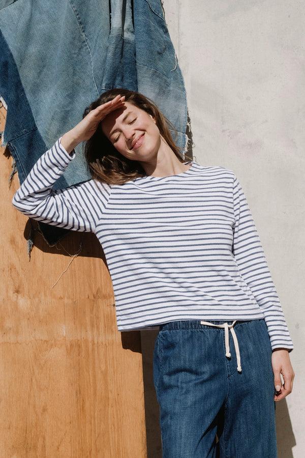 Save Khaki United LS Boxy Boat Neck Stripe Tee Blue